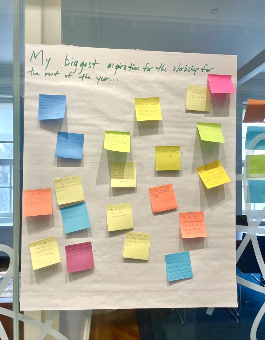 brightly colored post-it notes stuck on a white posterboard